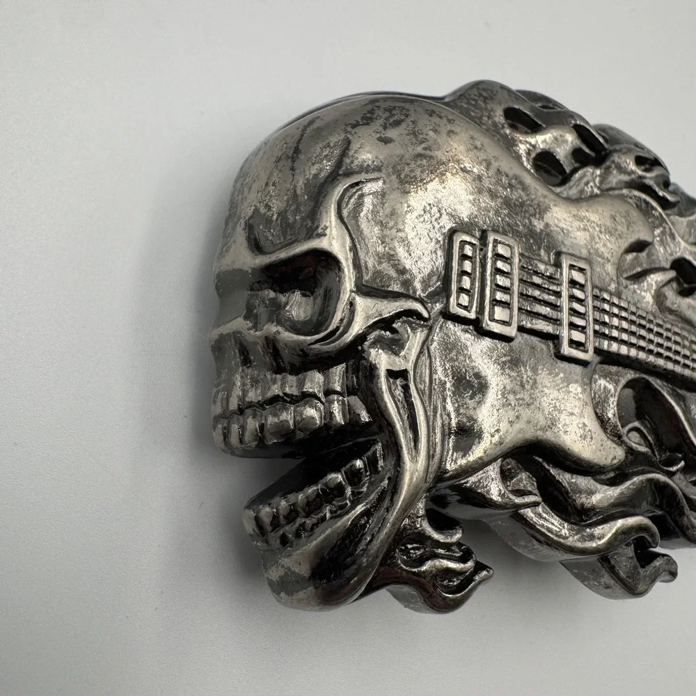Screaming Skull Electric Guitar Flames Belt Buckle‎ Antique Silver Biker Rocker